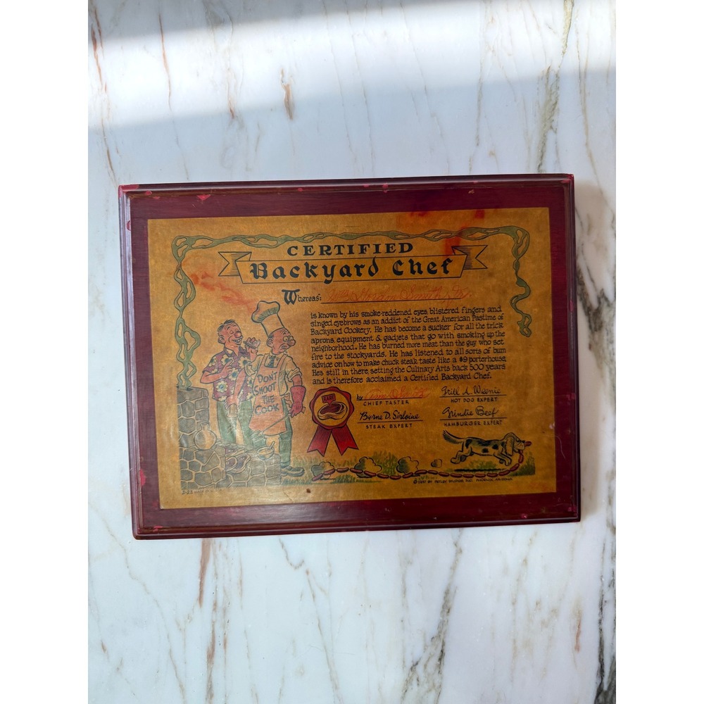 Vintage 1957 Certified Backyard Chef Framed BBQ Kitchen Wall Art